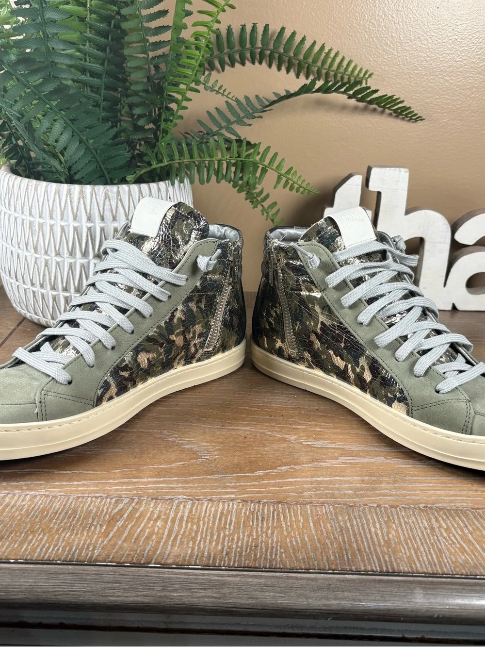P448 Army Green Metallic Leather High Top Sneakers Women's Size 8